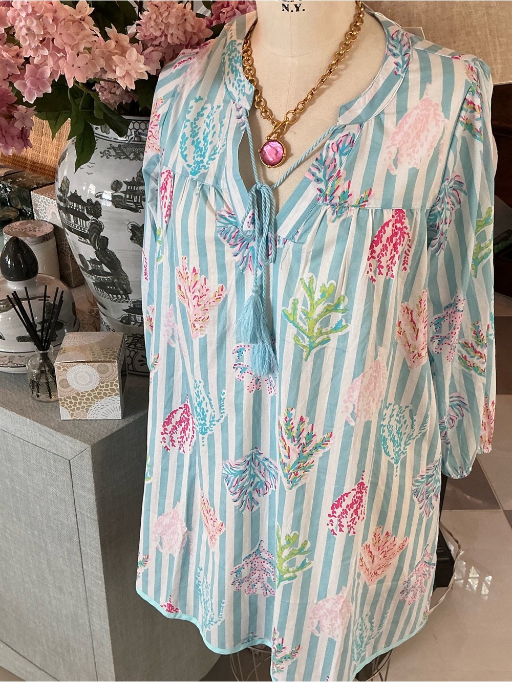 Swim Cover Up by Mud Pie Blue & Pink Striped Coral